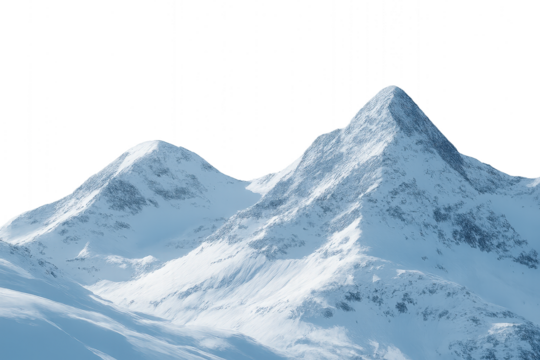Photo of snowcovered mountain peaks with blue sky, isolated on transparent background, showcasing a majestic winter landscape and the beauty of natures alpine scenery