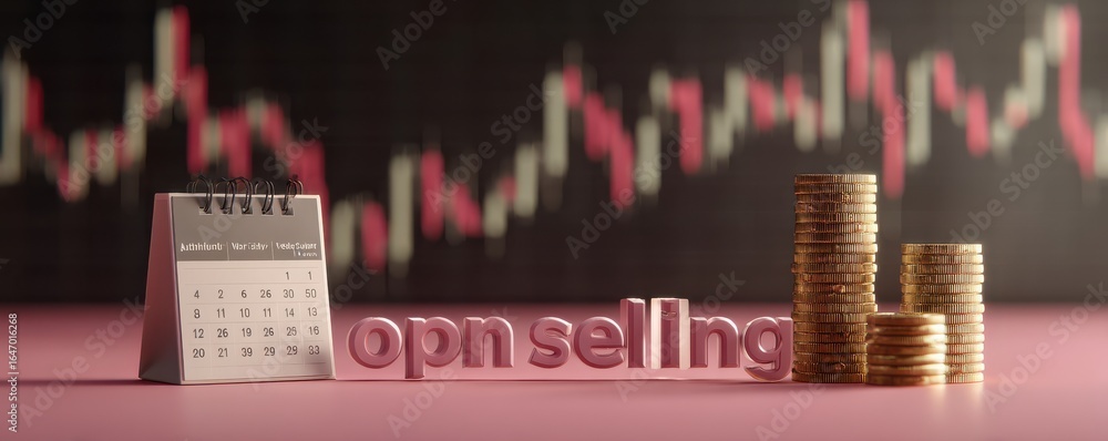 Poster 3d rendering of calendar with coins and financial graph in background