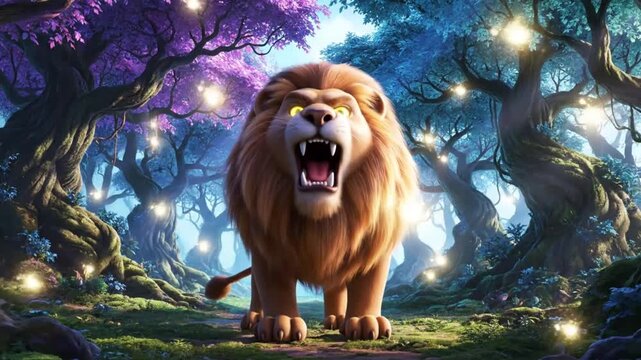 magical lion roars in enchanted forest