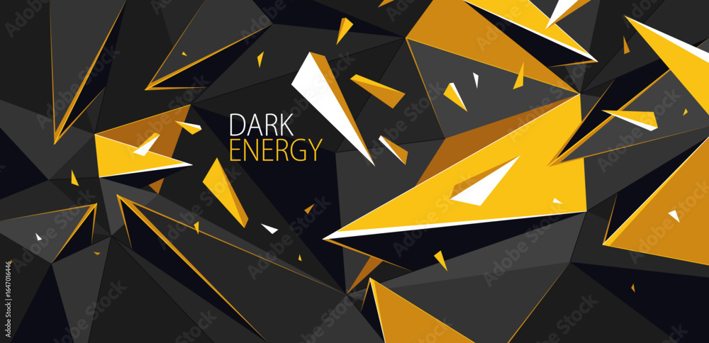 Poster black and yellow low poly vector abstract background with explosion of flying debris particles, 3d s
