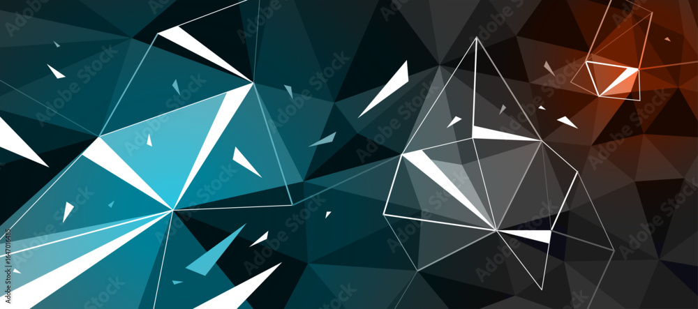 Aufkleber dark black polygonal abstract background with color hot spotlights, 3d triangular surface and flying