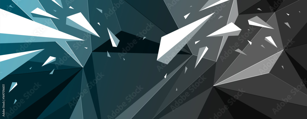 Poster mess and order concept, vector abstract background with low poly surface and dynamic particles in mo