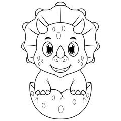 Cartoon baby triceratops hatching from egg line art