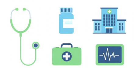 Medical equipment and hospital building icons, representing healthcare and professional medical services