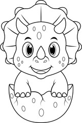 Cartoon baby triceratops hatching from egg line art