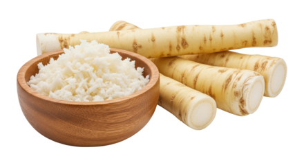 Isolated Horseradish with Wooden Bowl