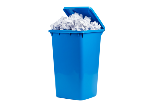 Overflowing blue waste bin with crumpled paper on transparent background studio shot