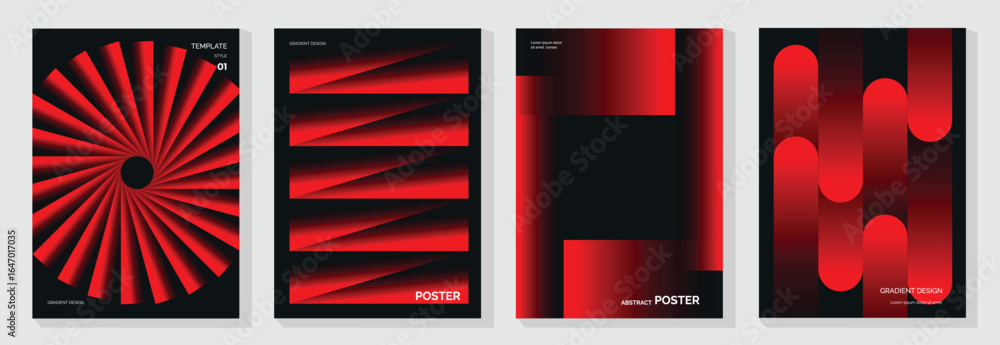 Poster modern gradient poster on dark background vector set. cover template with red perspective geometric 