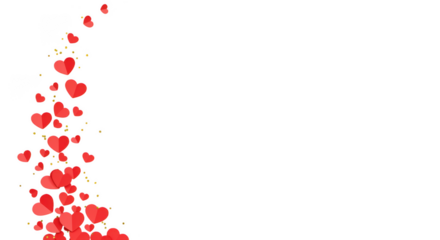 Red hearts with gold confetti isolated on transparent background