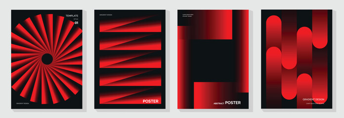 Modern gradient poster on dark background vector set. Cover template with red perspective geometric shapes different. Modern Design for wall art, flyers, brochures, covers and web banners.