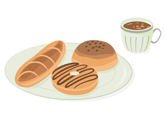Illustration of assorted bread and pastries on a plate served with a cup of coffee. Perfect for bakery, breakfast, or café-related themes.