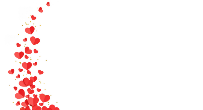 Red hearts with gold confetti isolated on transparent background