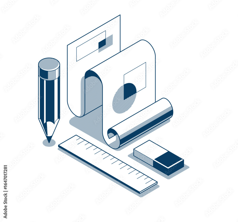 Poster engineering project concept, paper document blueprint with pencil engineer work job vector 3d isomet