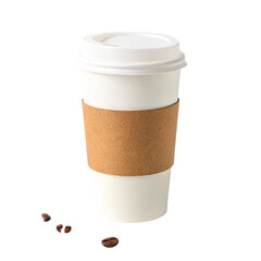 White paper coffee cup with brown sleeve and coffee beans isolated on transparent background