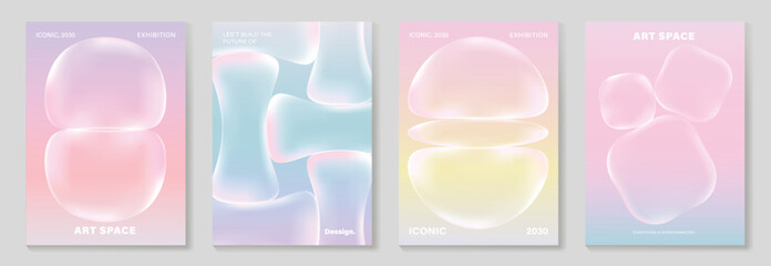Modern gradient liquid glass poster background vector set.Cover template with perspective geometric prism shape. Ideal design for social media, cover, banner, wallpaper, promotion, ads.