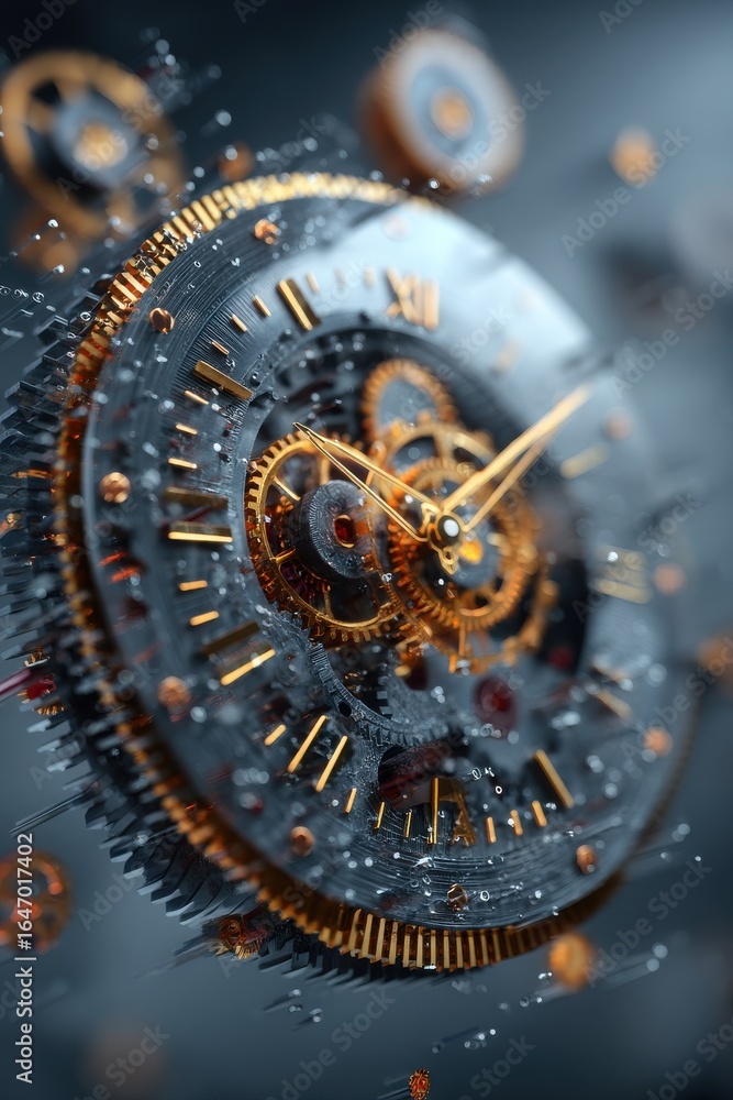 Aufkleber mechanical clock gears and floating components with intricate golden details