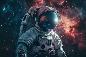 Portrait of Astronaut Posing in a Space Suit During a Spacewalk Mission on a Spaceship. Neural network ai generated