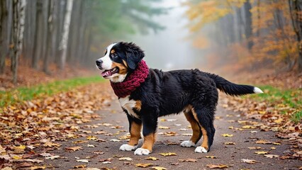 Bernese Mountain puppy in knitted scarf with autumn park