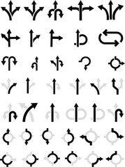 Way direction arrow sign icon set. three arrow, way sign, road direction icon vector. three-way direction arrow sign.Way pointer symbol. Turn arrow navigation sign. Traffic route vector illustration.