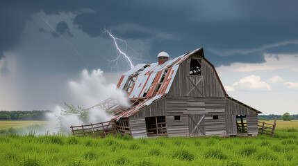 Lightning strikes an old barn in a dramatic and powerful storm scene.