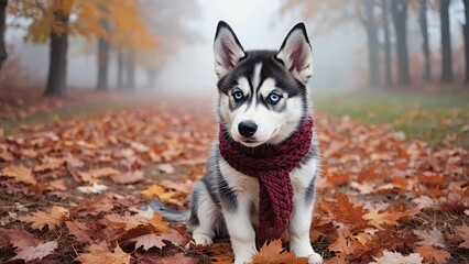 Husky puppy in knitted scarf with autumn park