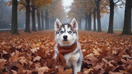 Husky puppy in knitted scarf with autumn park