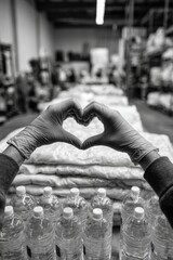 Healthcare love concept: gloved hands forming heart in medical supply warehouse,World Humanitarian Day
