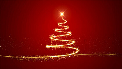 Firefly golden glowing Christmas tree made of sparkling light trails on deep red night sky background, creating festive and magical holiday atmosphere