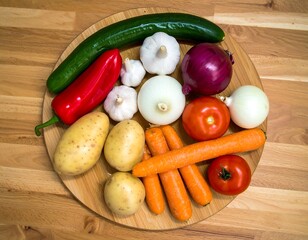 Assorted fresh vegetables arranged on a round wooden board