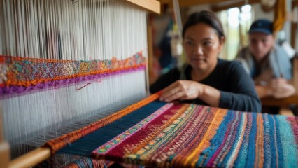 Focused Weaver at Loom: Crafting Vibrant Textile Art with Precision and Care