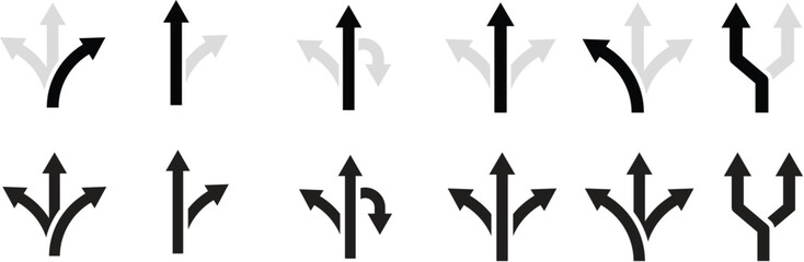 Way direction arrow sign icon set. three arrow, way sign, road direction icon vector. three-way direction arrow sign.Way pointer symbol. Turn arrow navigation sign. Traffic route vector illustration.