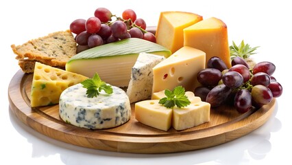 Cheese platter with grapes isolated on white background