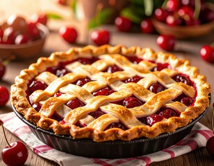 Freshly baked cherry pie with lattice crust and ripe cherries on rustic table