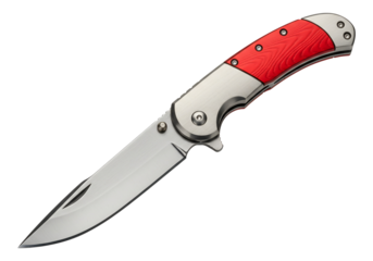 Folding pocket knife with red handle isolated on transparent background