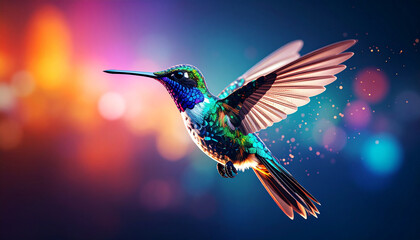 Fototapeta premium Colorful hummingbird in flight with iridescent feathers and glowing bokeh background, capturing delicate motion and vibrant natural beauty in soft light