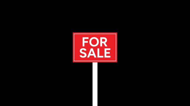 Animated red For Sale yard sign on white post, perfect for real estate and property marketing, transparent background.