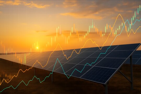 Golden sunset illuminates a vast solar panel array overlaid with a rising financial stock market graph symbolizing renewable energy growth and investment opportunities