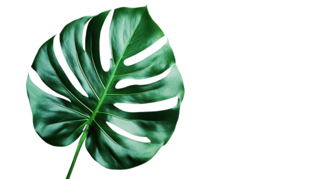 Monstera leaf showcases vibrant green color and distinctive holes, emphasizing its tropical allure and natural beauty