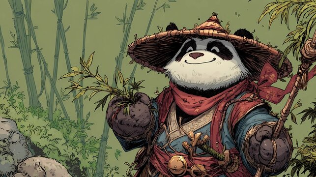 panda swordsman in a bamboo forest