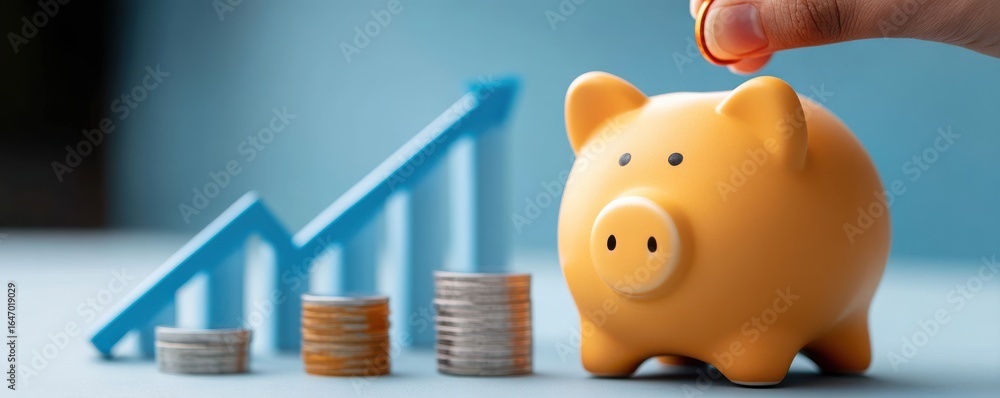 Poster saving coins in a yellow piggy bank with stacked coins and rising graph