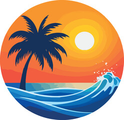Tropical beach sunset with palm tree and ocean wave illustration