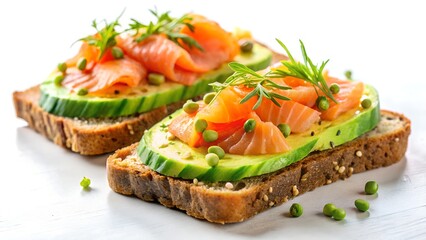 Smoked salmon and avocado toast isolated on white background