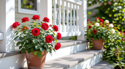 Beautiful red roses in pots brighten up a porch with a charming floral display.