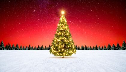 Naklejka premium Christmas tree snow winter lights star night forest holiday decoration festive