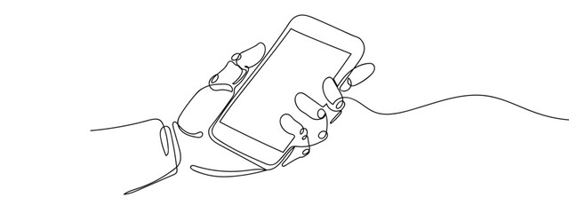 Continuous line drawing of robot hand holding smartphone, isolated on transparent background, editable stroke.
