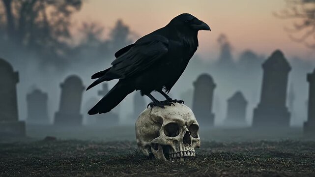 Creepy crow perched on human skull in foggy cemetery at twilight. Dark spooky graveyard scene with raven and tombstones for Halloween.