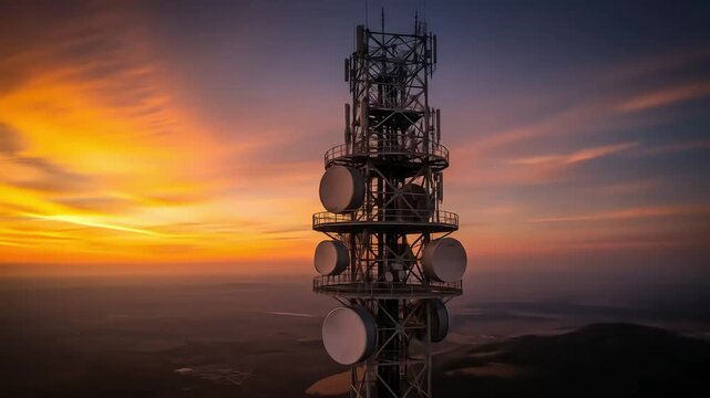Telecommunication Tower at Scenic Sunset with Vibrant Orange Sky Transmission Station Infrastructure and Cellular Network Equipment