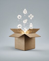 Unboxing magic: cardboard box with symbolic icons representing wellbeing and health