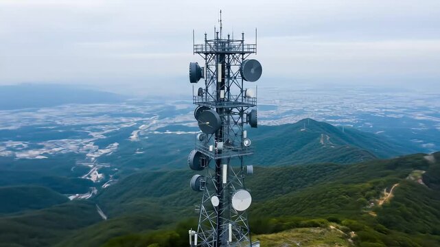 Telecommunication Tower on Green Mountain with Misty Cityscape Background Under Overcast Sky at Daytime for Wireless Communication