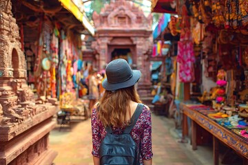 Woman traveler walking through a vibrant marketplace.